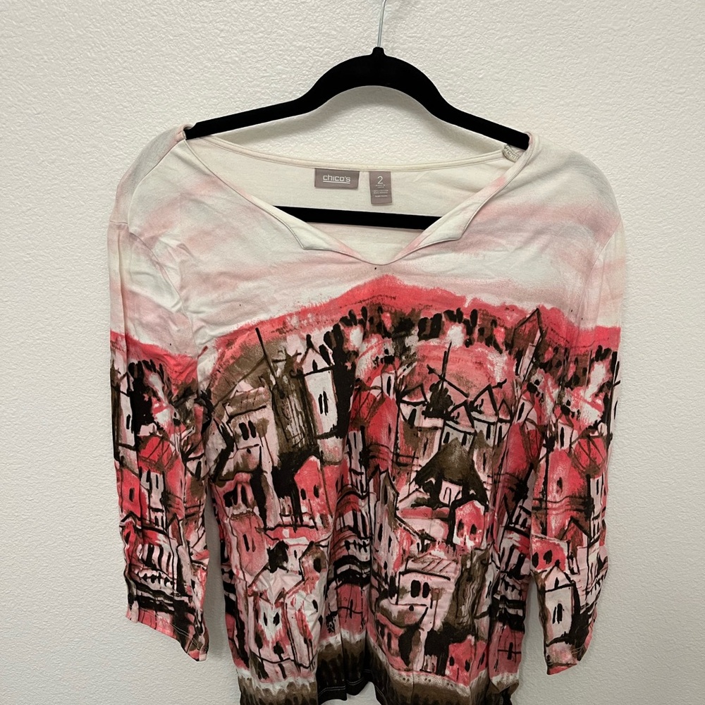 Chico's Graphic Red and Black Long Sleeve Blouse